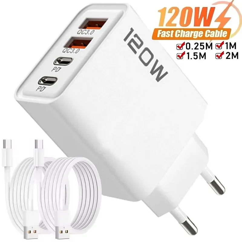 120W 4포트 USB 충전기 고속 충전 휴대폰 충전 어댑터 10A 타입 C 케이블 아이폰 삼성 샤오미용 EU/US/UK 플러그 벽면 충전기