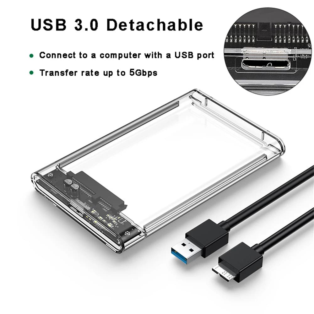 2.5인치 USB 3.0 HDD 인클로저 SATA SSD 하드 드라이브 케이스 (5Gbps 전송 속도) 모바일 외장 하드 디스크 박스 (케이블 포함)