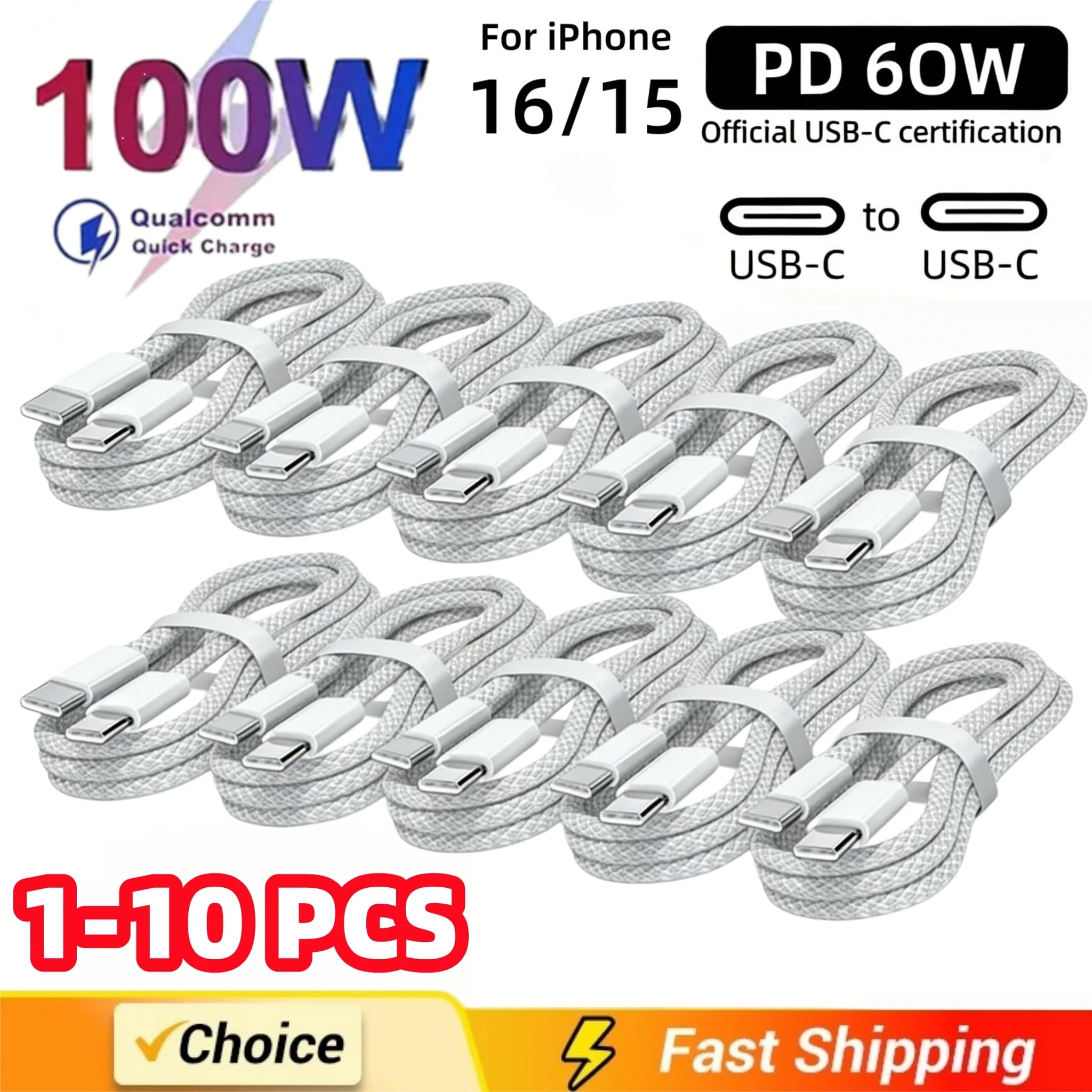 1-10개 USB C 케이블 to USB C 100W 고속 충전 케이블, 아이폰 16, 17, 삼성, 샤오미, 화웨이 등에 대한 고속 충전 지원