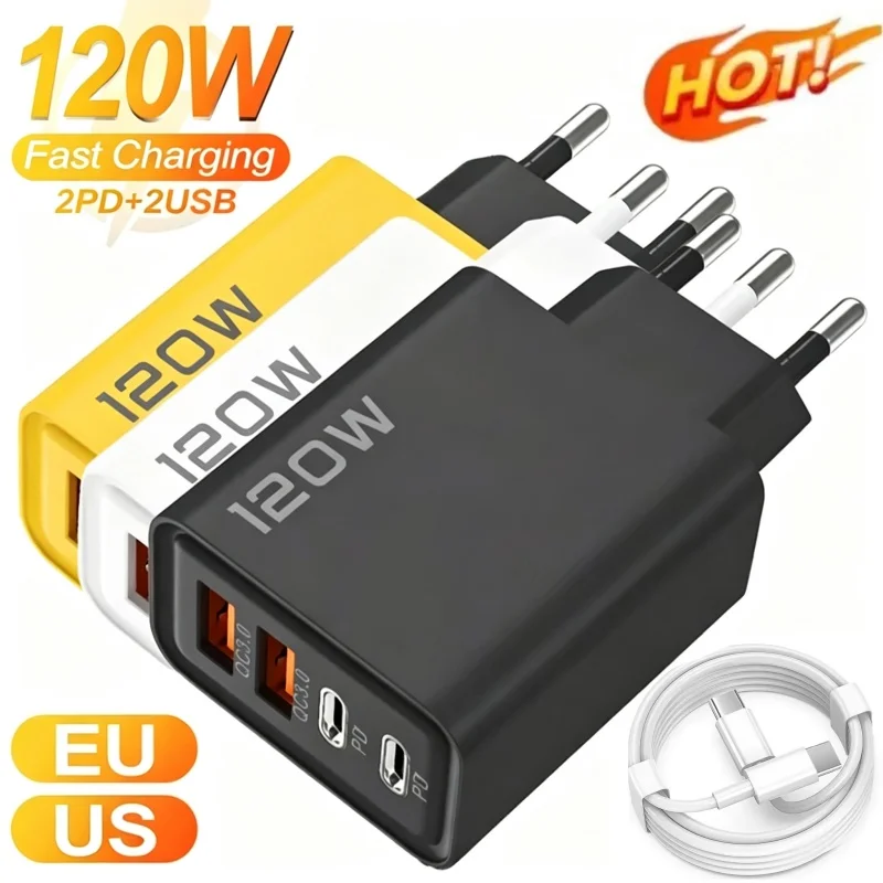 총 120W 고속 충전기 USB 타입 C 케이블 고속 충전 휴대폰 전원 어댑터 (아이폰, 샤오미, 삼성용) 퀵차지 벽면 충전기