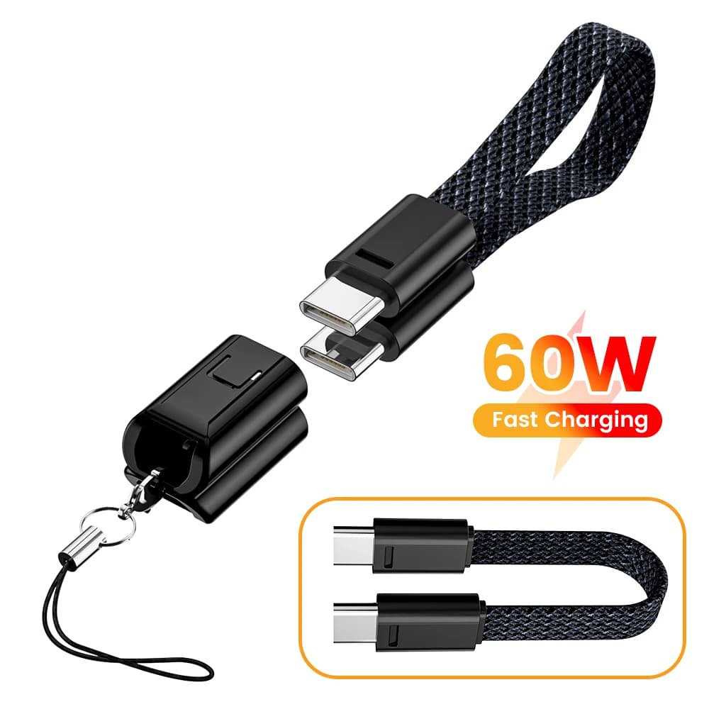 60W 타입 C to USB C 고속 충전 숏 케이블 (아이폰15, 16, 샤오미, 삼성, 화웨이용) 휴대용 키체인 보조배터리 케이블 포함