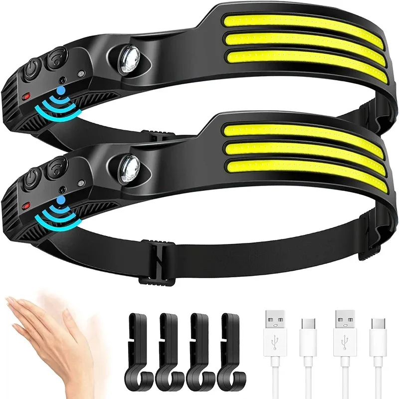 USB 충전식 COB LED 유도 헤드램프(1200mAh 내장 배터리 포함) 헤드 손전등 야외 캠핑 낚시 헤드 랜턴