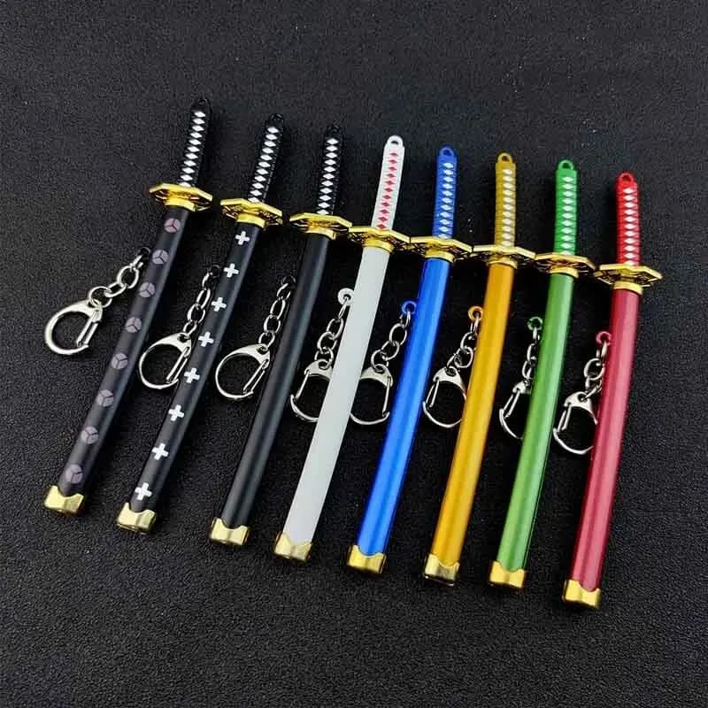미니 Roronoa Zoro 사무라이 검 키 체인 애니메이션 플라스틱 Scabbard 열쇠 고리 반지 Katana 버클 남성용 코스프레 장난감 쥬얼리 선물