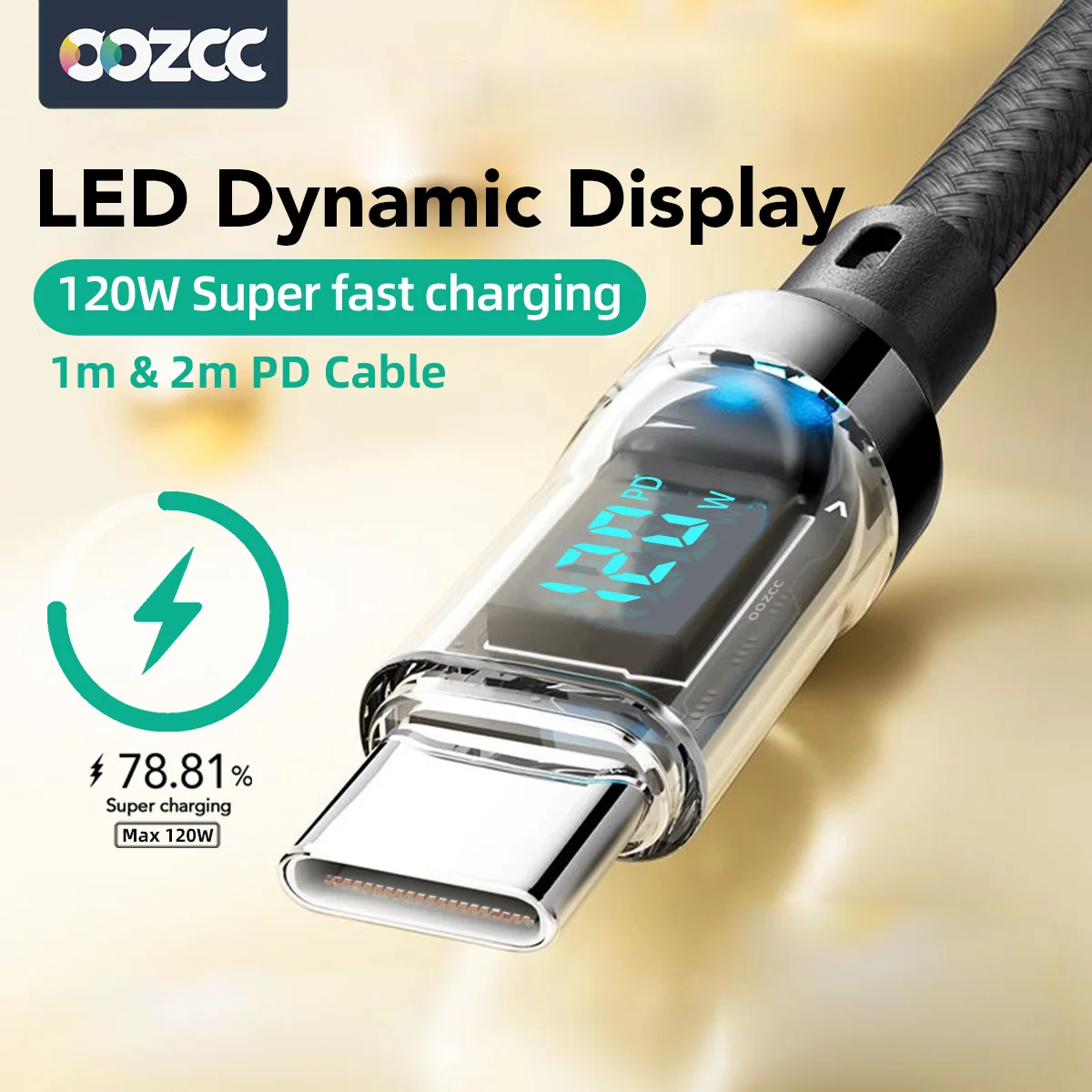 OOZCC LCD 와트 디스플레이 케이블, 최대 120W 초고속 충전 USB 타입 C 케이블 데이터 전송, 아이폰14 프로용 USB A에서 라이트닝으로