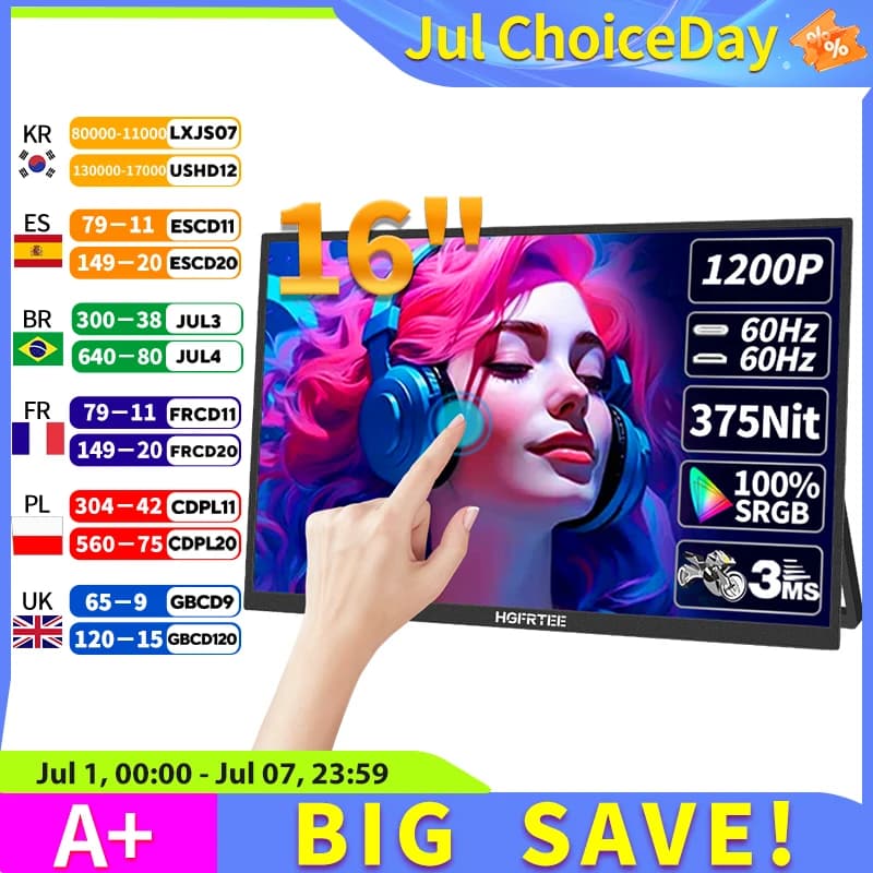 HGFRTEE 16인치 터치 휴대용 모니터 16:10 96%sRGB 350Cd/m² 노트북용 보조 화면 홀더 스탠드 포함 타입-C HDMI 호환
