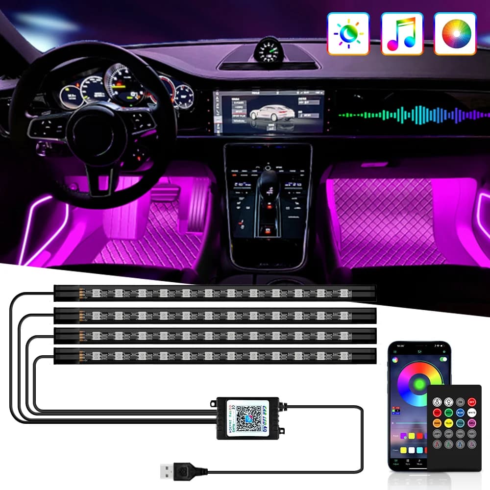 네온 36 48 72 LED 자동차 실내 무드등 무선 리모컨 음악 앱 컨트롤 자동 RGB 분위기 장식 램프
