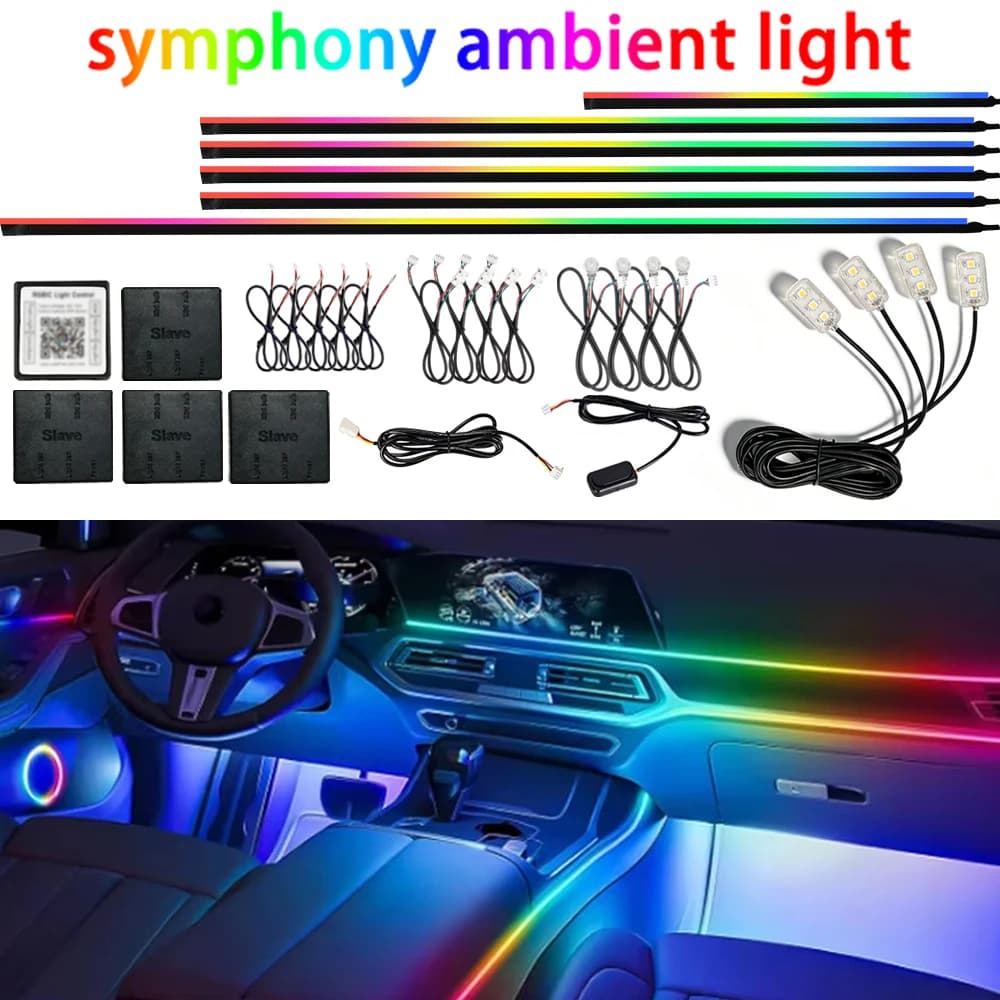 18IN1 풀 컬러 스트리머 자동차 실내등 RGB 64색 유니버설 LED 인테리어 히든 아크릴 스트립 심포니 분위기 램프