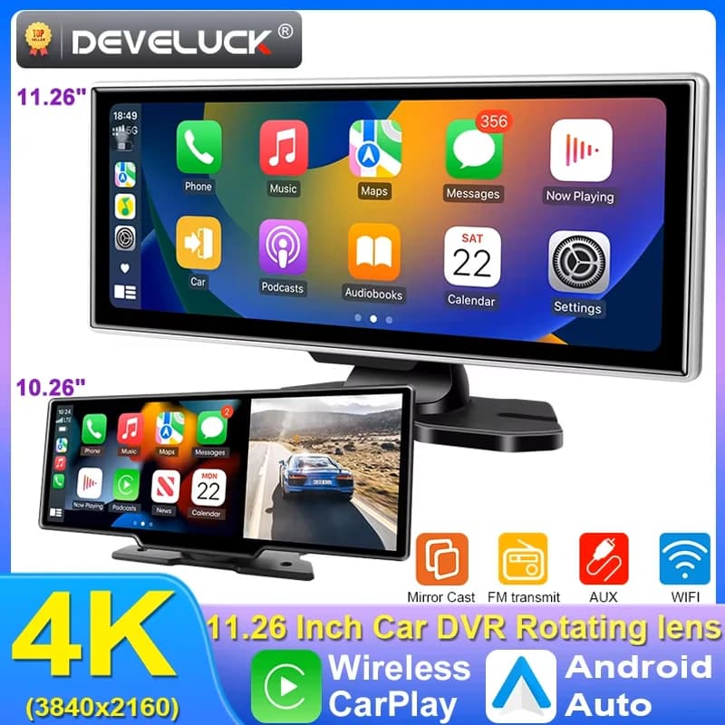10/11.26 인치 대시 캠 4K 자동차 DVR 무선 Carplay 및 안드로이드 자동 GPS 네비게이션 비디오 레코더 대시 보드 듀얼 렌즈 Wifi FM AUX