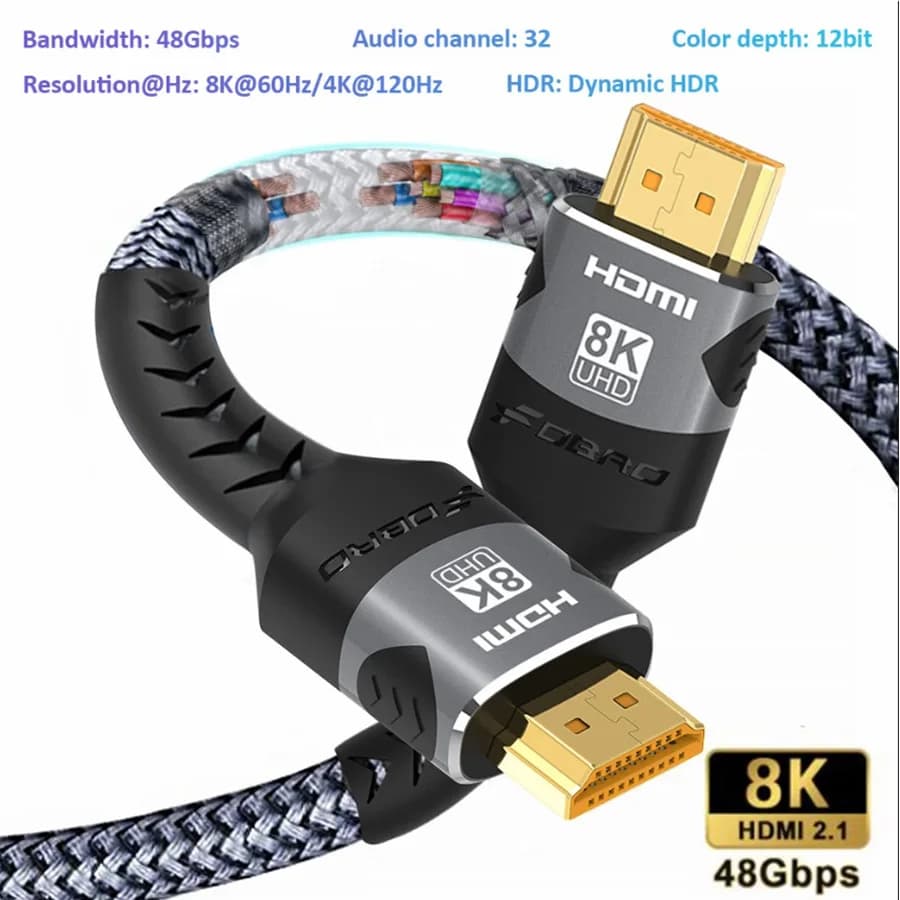 8K HDMI 케이블 2.1 48Gbps 고속 HDMI 편조 코드-4K@120Hz 8K@60Hz, DTS:X, HDCP 2.2 및 2.3, 호환 가능한 노트북/PS5용 HDR 10