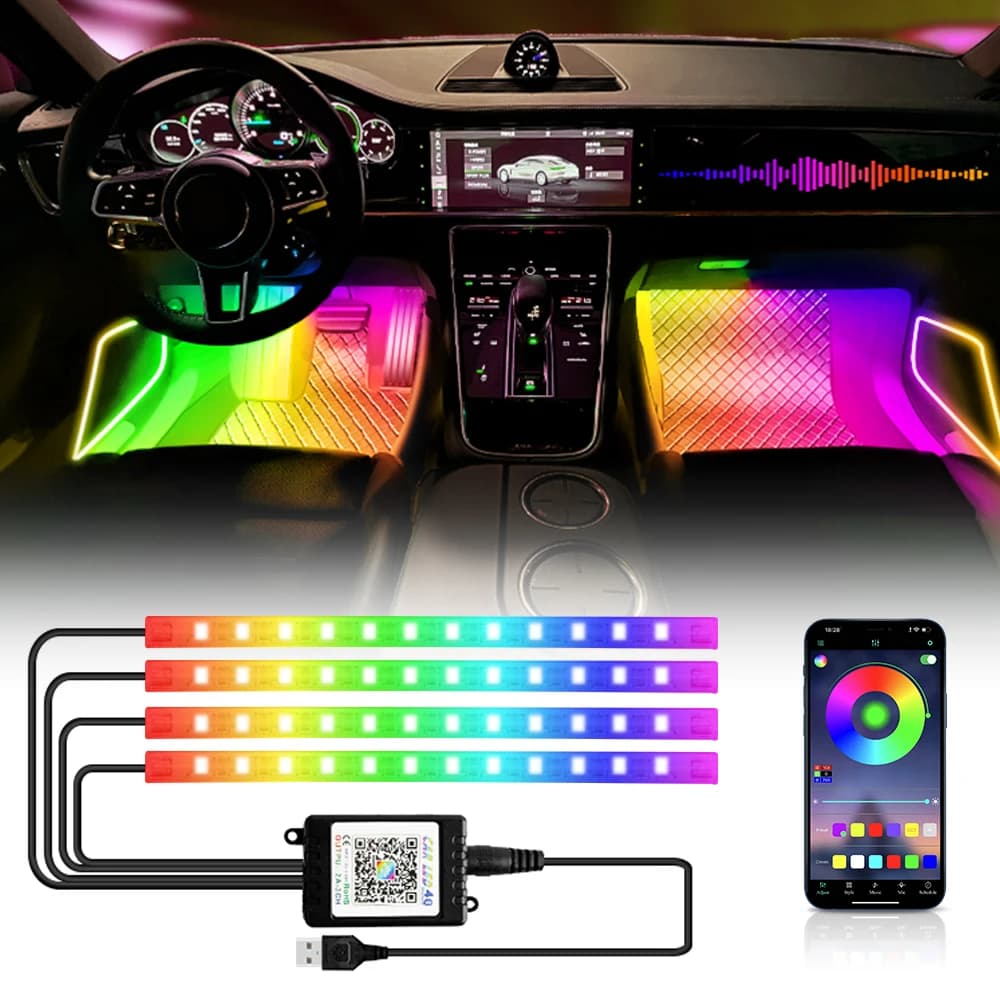 LED 자동차 인테리어 앰비언트 풋 라이트, USB 무선 원격 음악 앱 제어, 자동 RGB 분위기 장식 램프, 네온 48, 72