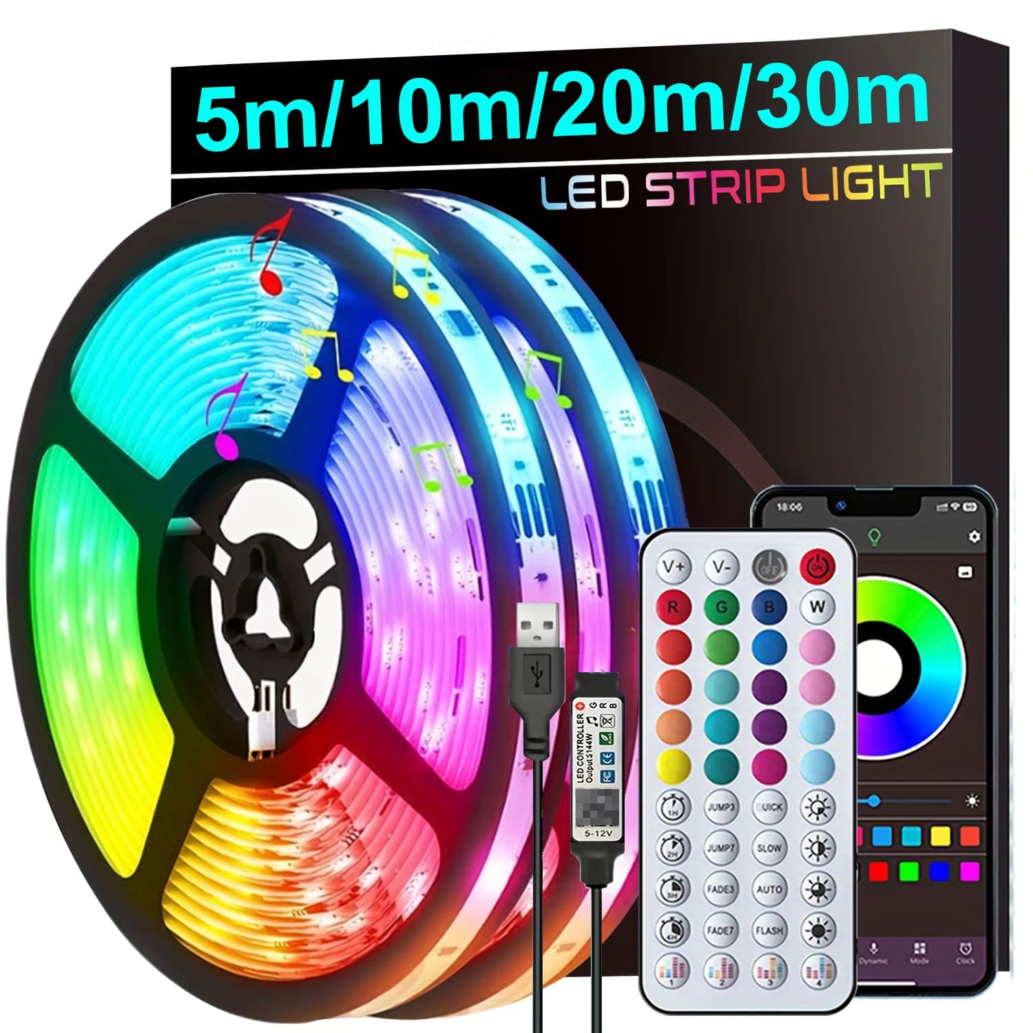 LED 스트립 조명 음악 동기화 LED 조명 앱 제어, 홈 파티 장식 TV 백라이트용 유연한 리본 테이프 조명