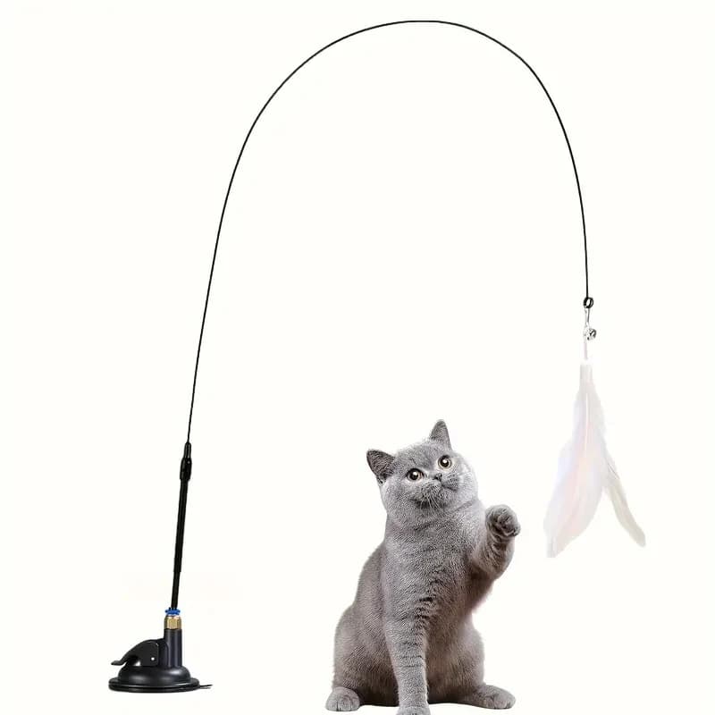 고양이 장난감 - 인터랙티브 벨 & 깃털 막대 - 흥미진진한 놀이를 위한 긴 흡착 컵 폴 - 최고의 고양이 장난감