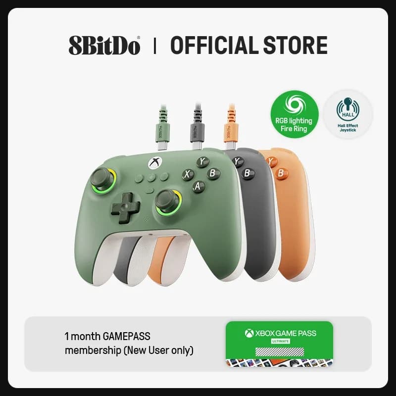 Xbox용 8BitDo Ultimate C 유선 게임 컨트롤러, RGB 조명 파이어 링 및 홀 효과 조이스틱, Windows 10/11