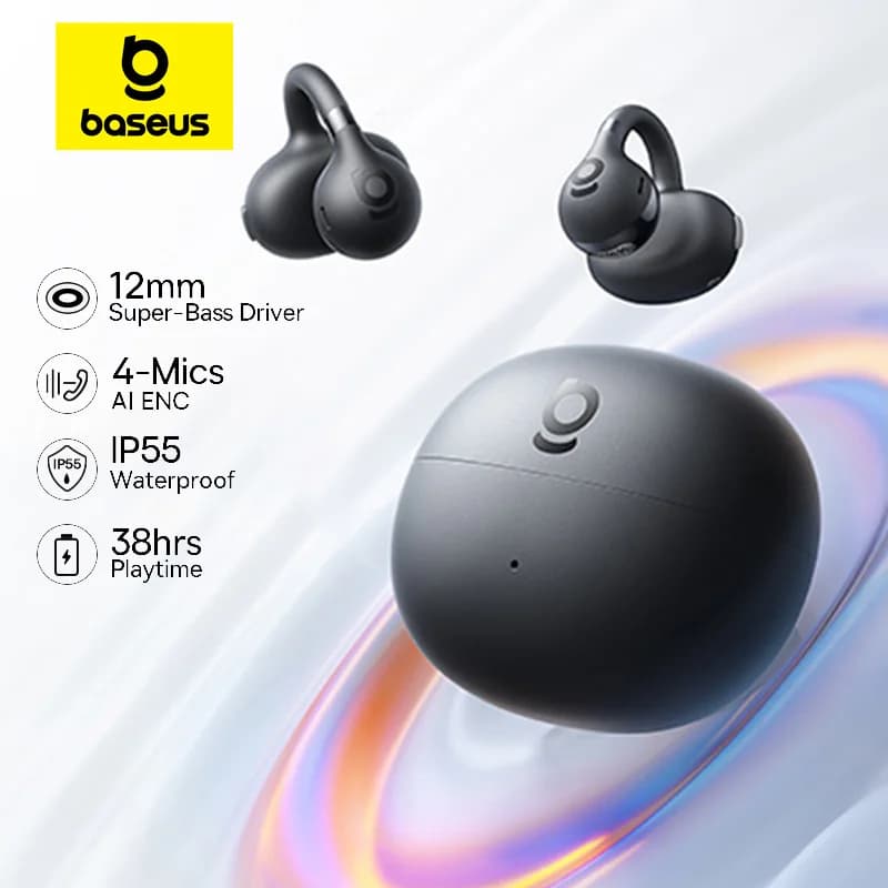 베이스어스 BC1 이어 클립 이어버드 오픈 이어 무선 이어폰 블루투스 6.0 클립 온 스포츠 헤드폰 4-마이크 슈퍼 베이스 IP55 이어버드
