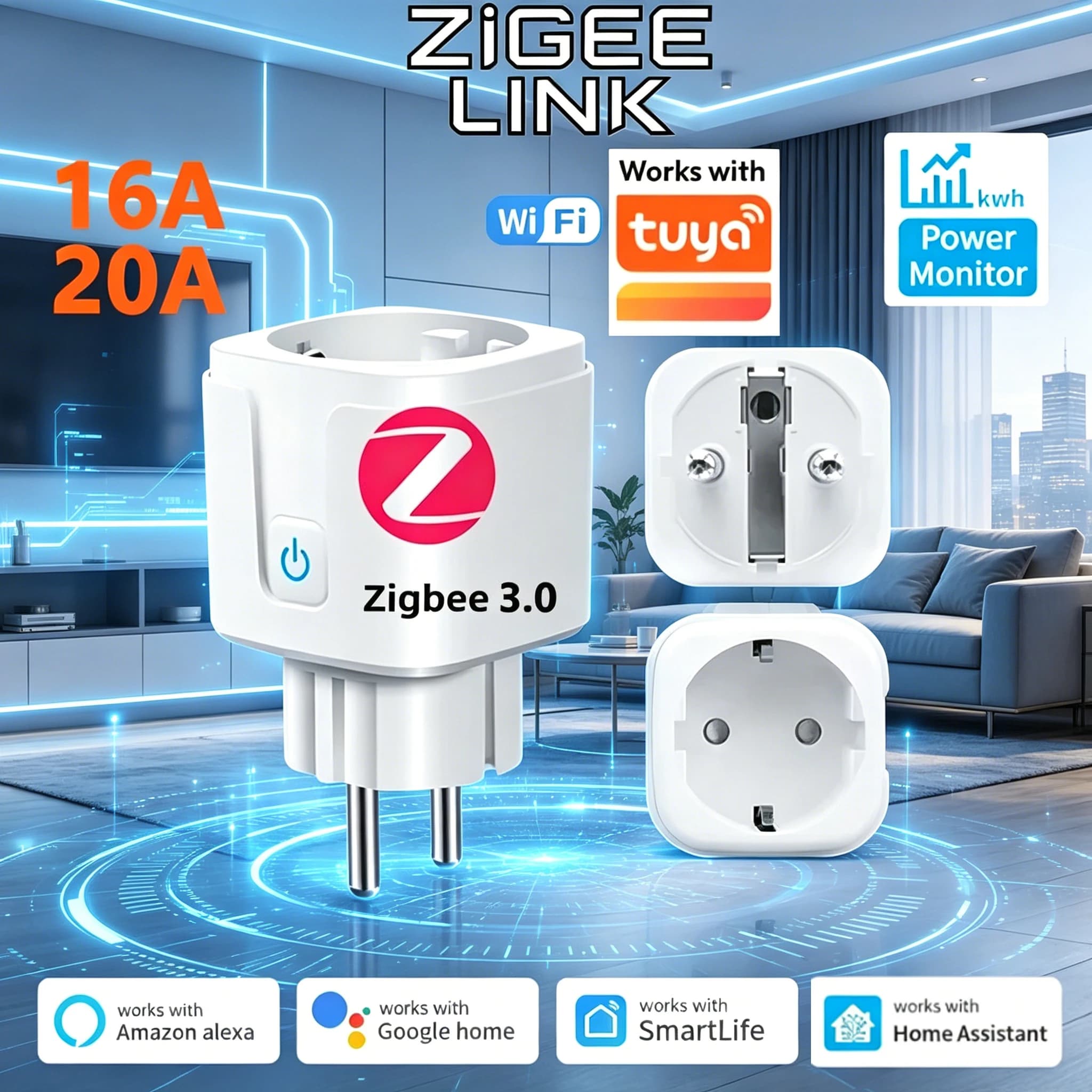 Tuya Zigbee 소켓 스마트 WiFi 콘센트 EU 플러그 스위치 16/20A 전원 모니터 스마트 라이프 APP 원격 제어 Alexa 홈 어시스턴트