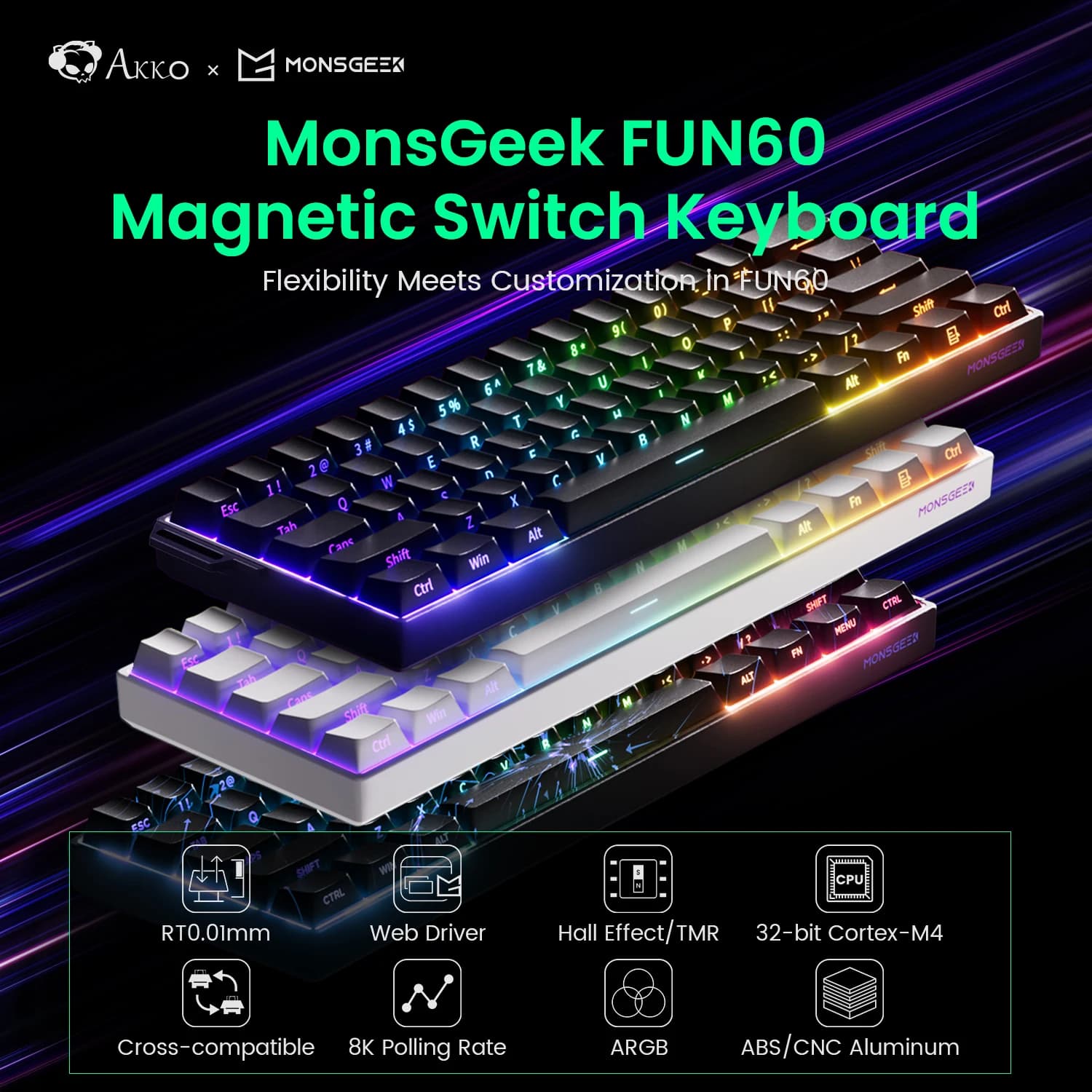 Akko MonsGeek FUN60 기계식 키보드 마그네틱 스위치 60% 게임용 키보드 신속한 트리거 0.01mm 8K ARGB HE/TMR 맞춤형 키보드