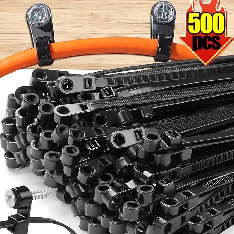 500/100PCS 나사 구멍 케이블 타이 재사용 가능한 고정 나일론 케이블 타이 셀프 잠금 코드 타이 스트랩 고정 루프 사무실 정리 도구