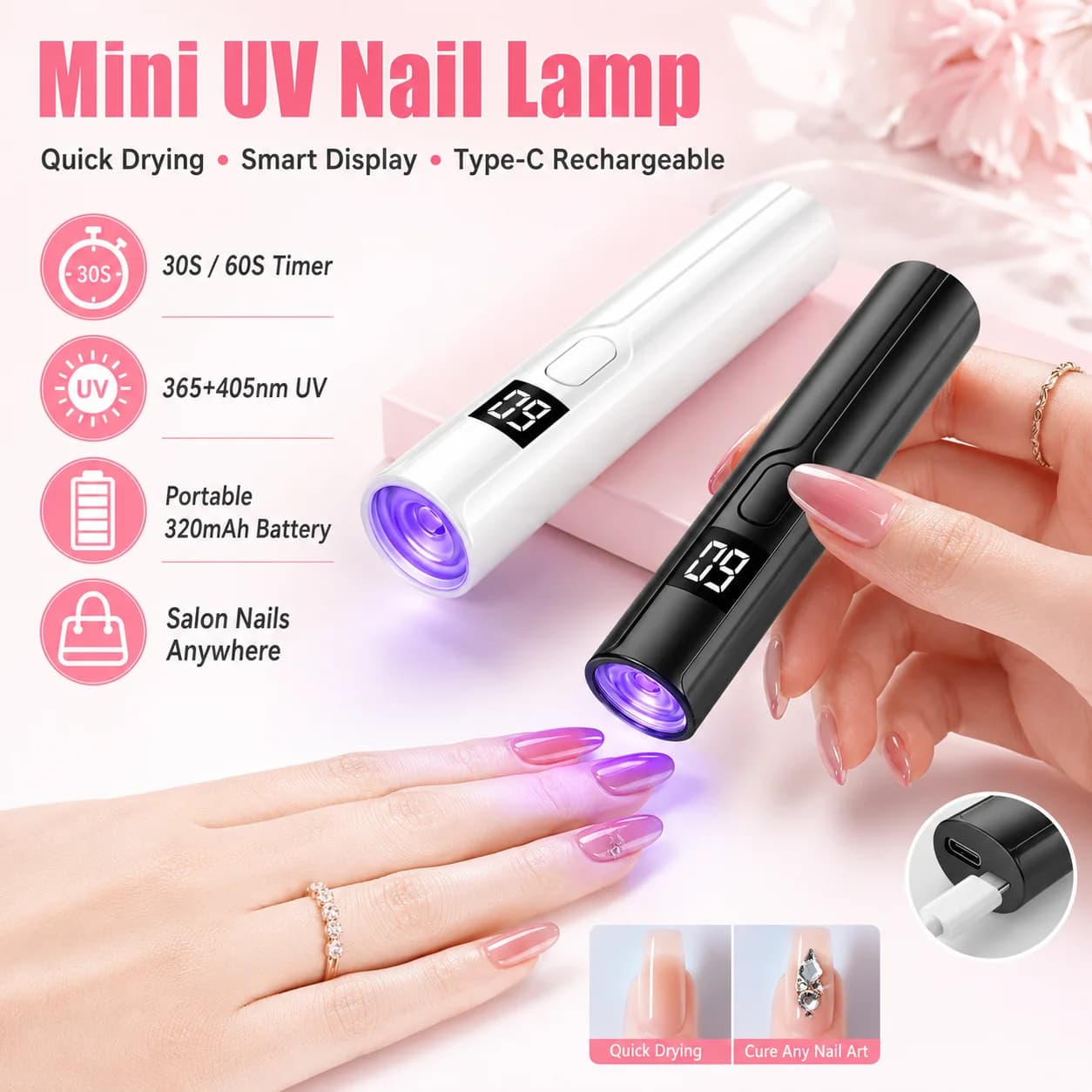 충전식 미니 UV LED 네일 램프, 스마트 디스플레이 탑재, 휴대용 빠른 건조 네일 드라이어 스탠드, 매니큐어용, 탈부착 가능한 데스크 UV 라이트
