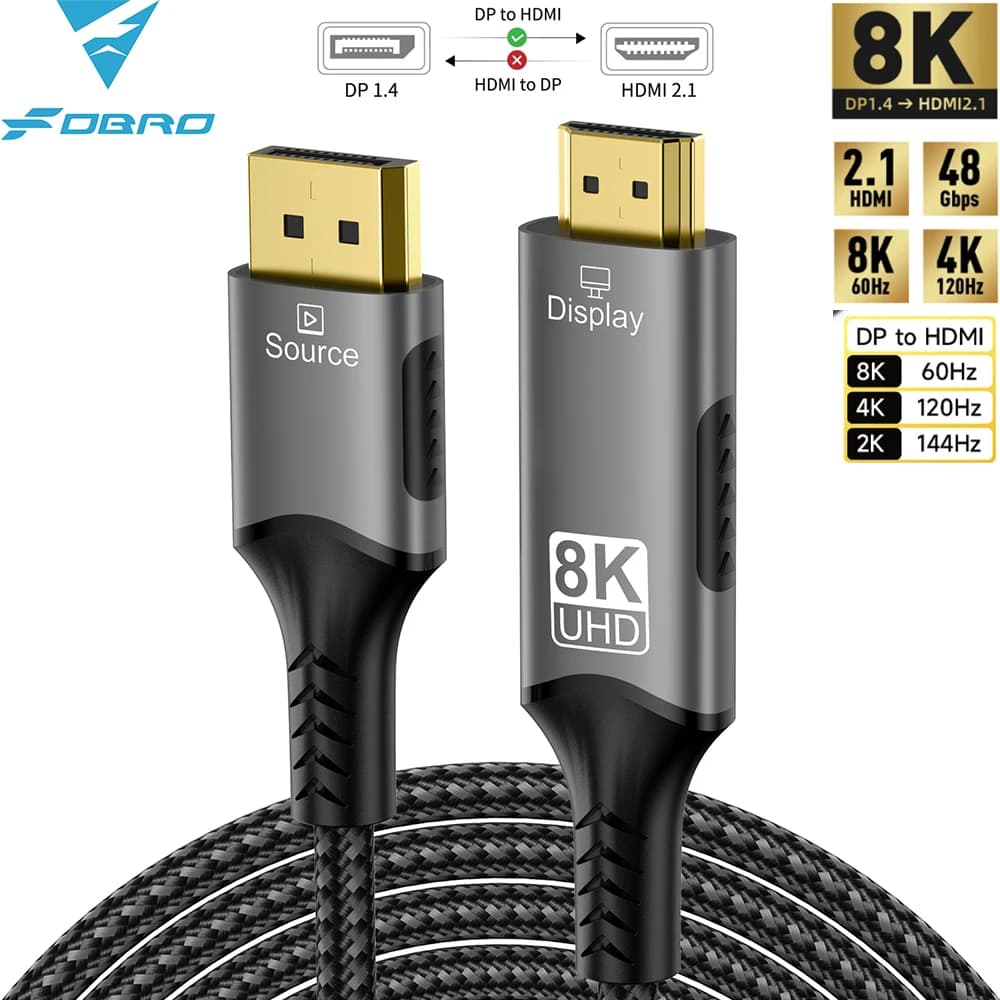 8K DP-HDMI 2.1 케이블 오디오 비디오 변환기 단방향 어댑터 HDTV 프로젝터 노트북 모니터 용 8K@60Hz 4k@120Hz