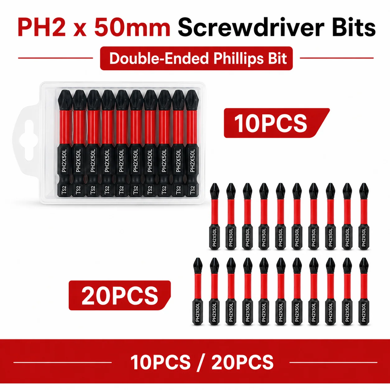 10개 20개입 마그네틱 PH2 스크류드라이버 비트 세트 50mm S2 스틸 내충격성 논슬립 고경도 드릴 비트 공구 (가정 수리용)