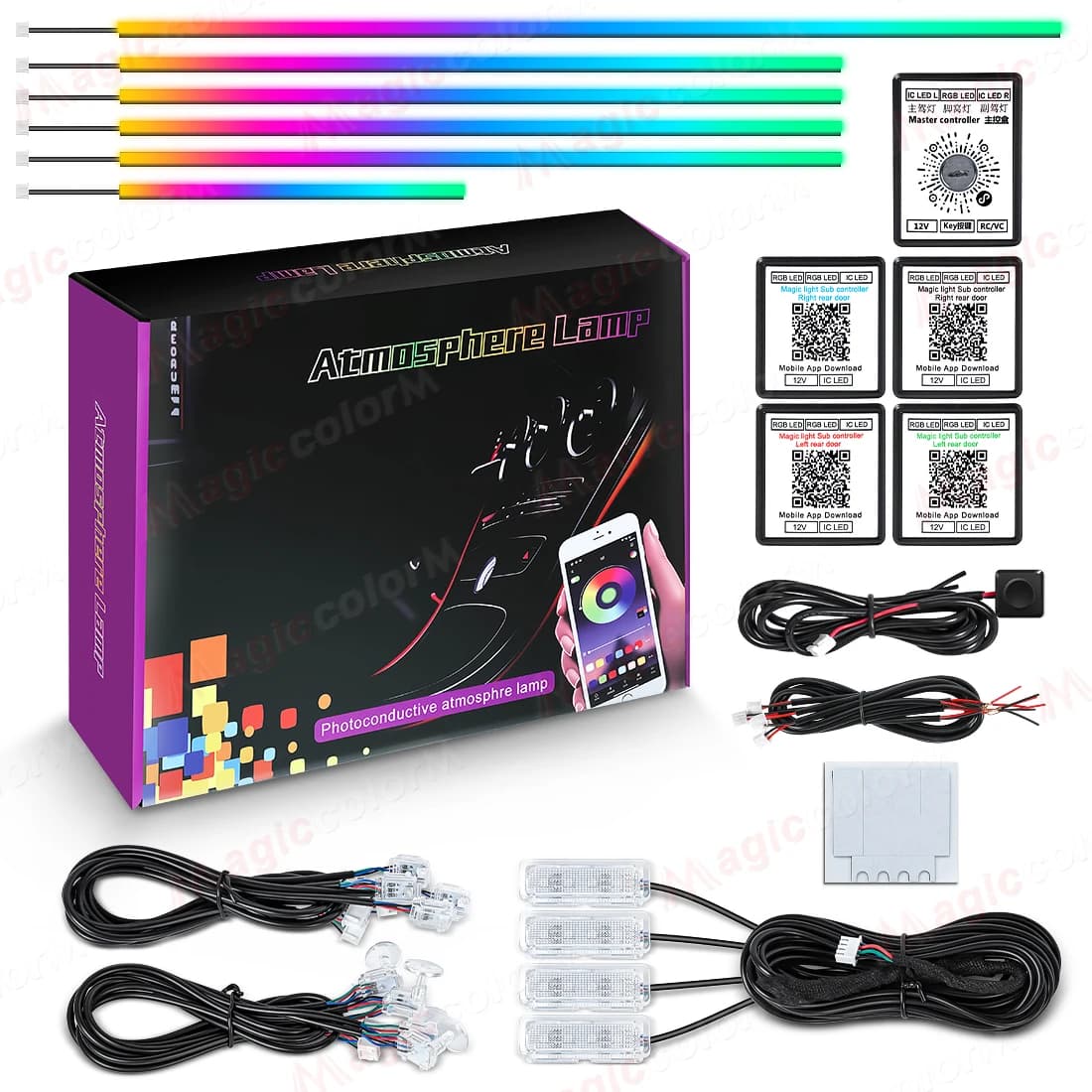 18 in 1 LED 자동차 실내등 213 64색 RGB 심포니 스트리머 블루투스 레인보우 인테리어 아크릴 스트립 분위기 램프 키트