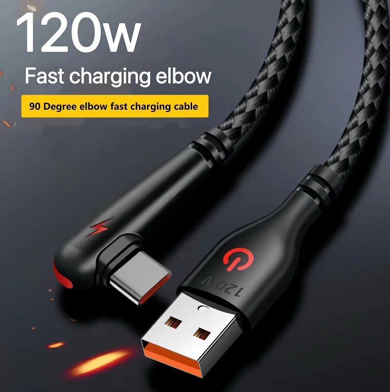120W USB to Type-C 고속 충전 케이블 90도 엘보우 디자인 나일론 편조 모바일 폰 데이터 케이블 (화웨이, 오포, 샤오미, 삼성용)