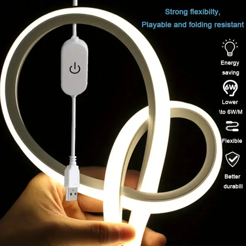 LED 스트립 네온 라이트 USB DC 5V 디밍 가능 터치 센서 스위치 유연한 실리콘 네온 사인 테이프 방수 야외 실내 장식용