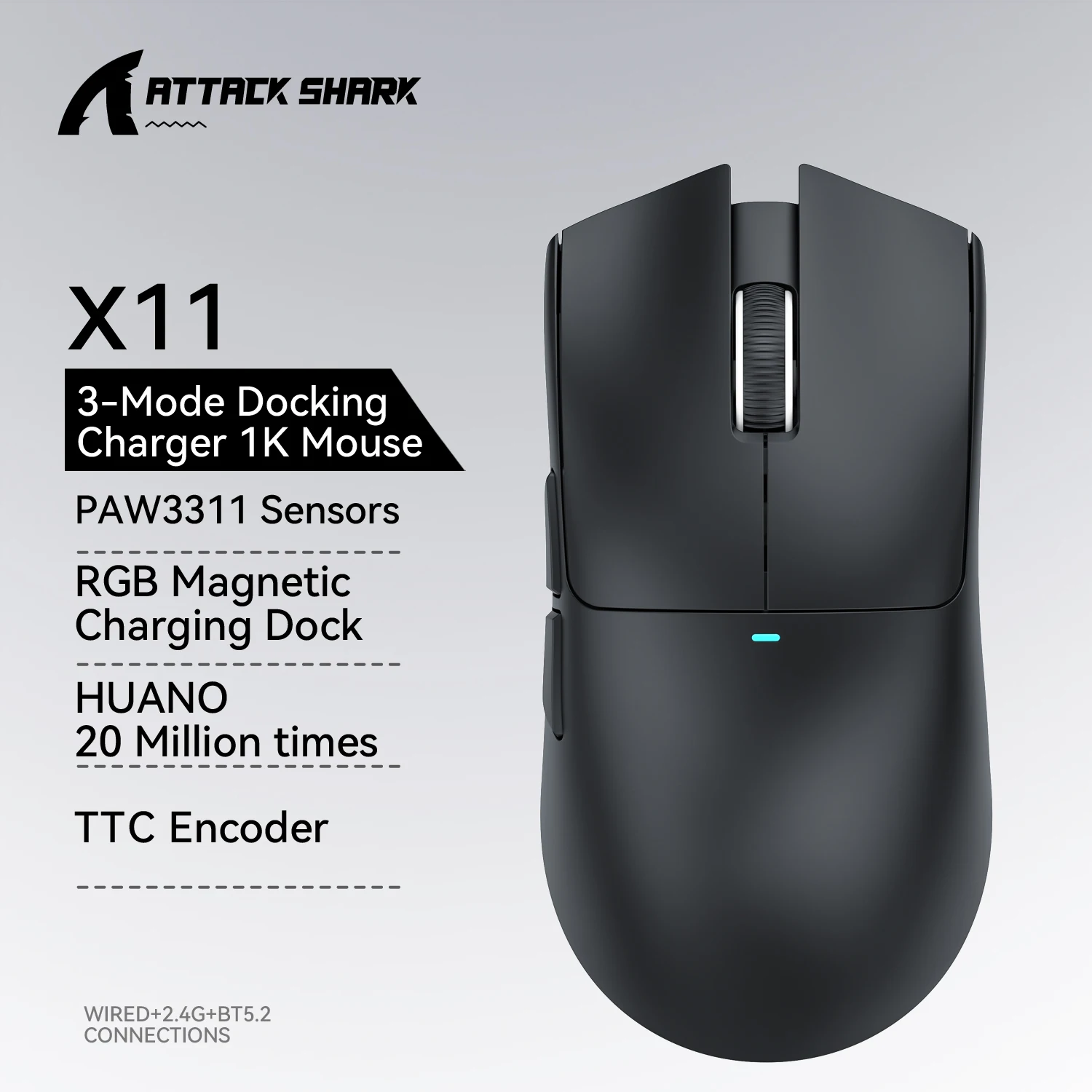 어택 샤크 X11 게이밍 마우스 및 X11 SE 무선 마우스 22000 DPI, PAW3311 센서, BT/2.4G/유선, 59g 경량, 2000만 클릭