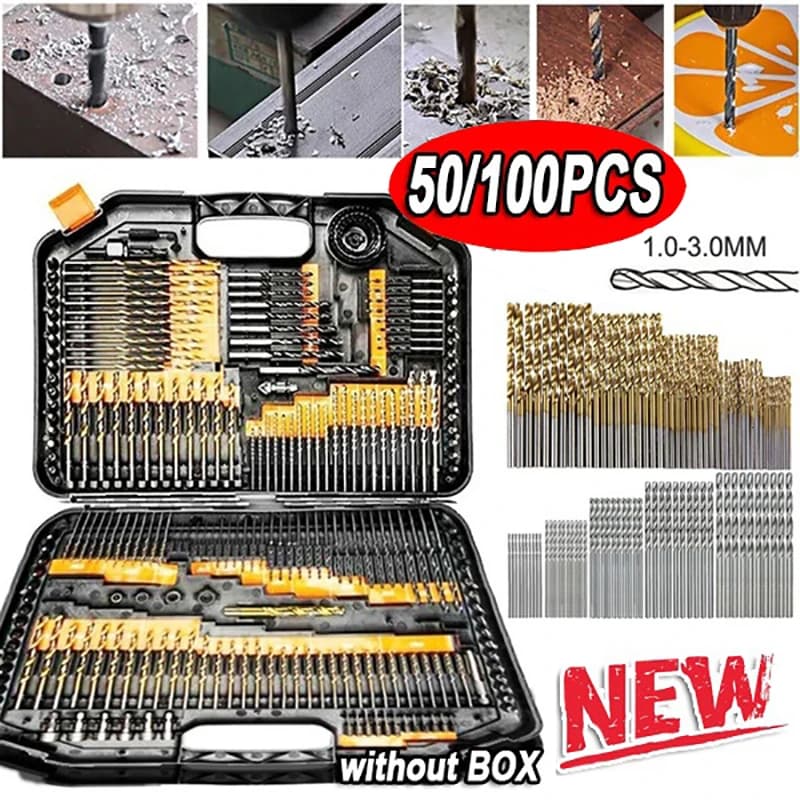 티타늄 코팅 드릴 비트, HSS 고속강 세트, 공구 품질 전동 공구, 1/1mm, 2/2mm, 3mm, 100 개, 50 개