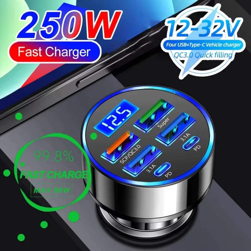 250W PD 차량용 충전기 QC3.0 고속 충전 1~6구 시거잭 플러그 5포트 차량용 충전기 디지털 디스플레이 탑재 플래시 충전