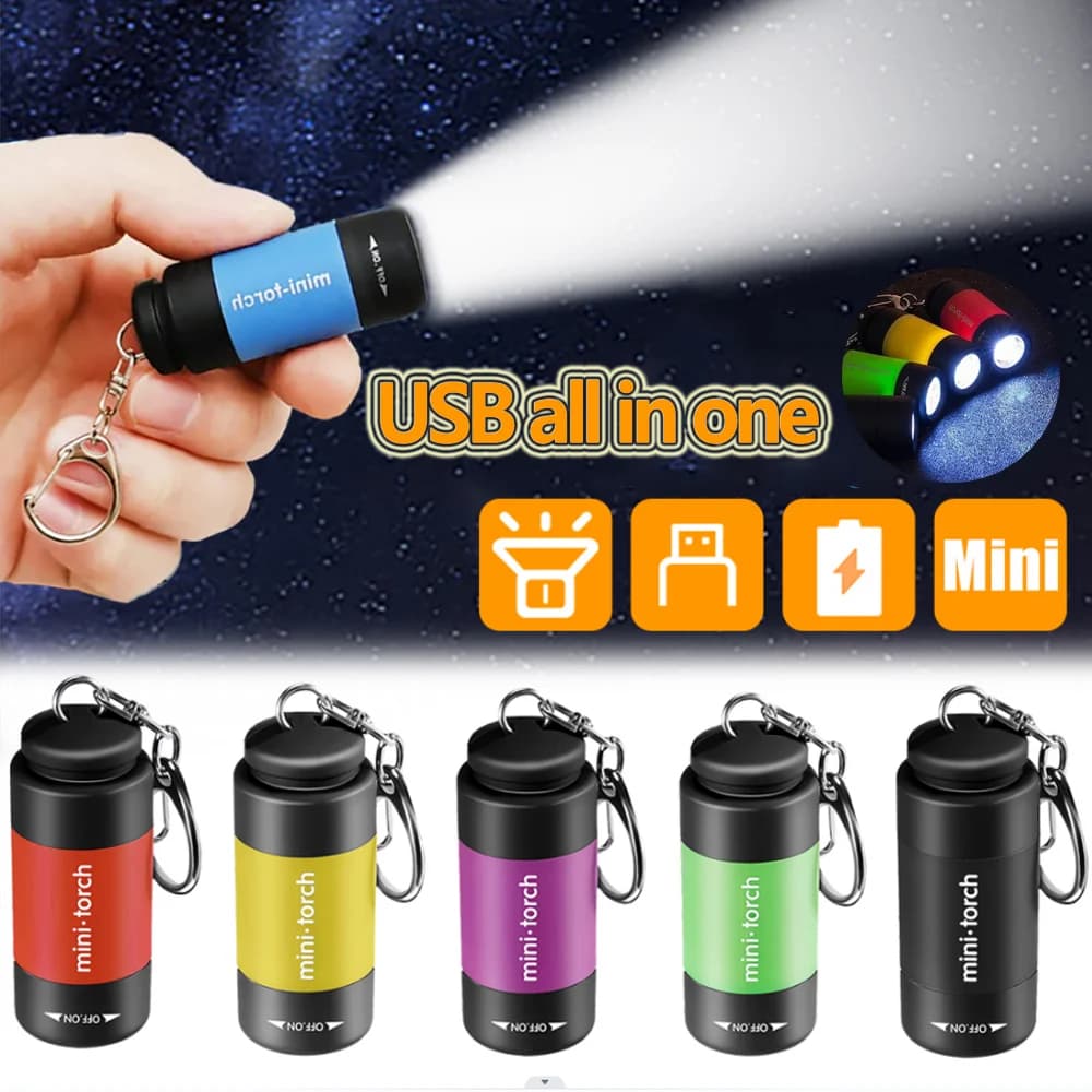 USB 충전식 LED 다기능 강한 빛 포켓 키 체인 손전등 방수 야외 하이킹 캠핑 미니 손전등