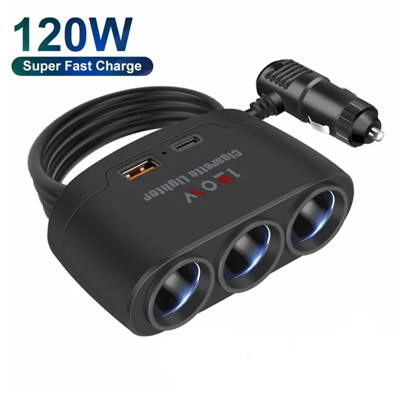 차량용 USB C 타입 소켓, 자동차 담배 라이터 분배기, 고속 충전기, 전화 전원 어댑터, 자동차 DVR, GPS 대시캠, 3 in 1, 120W, 12V, 24V