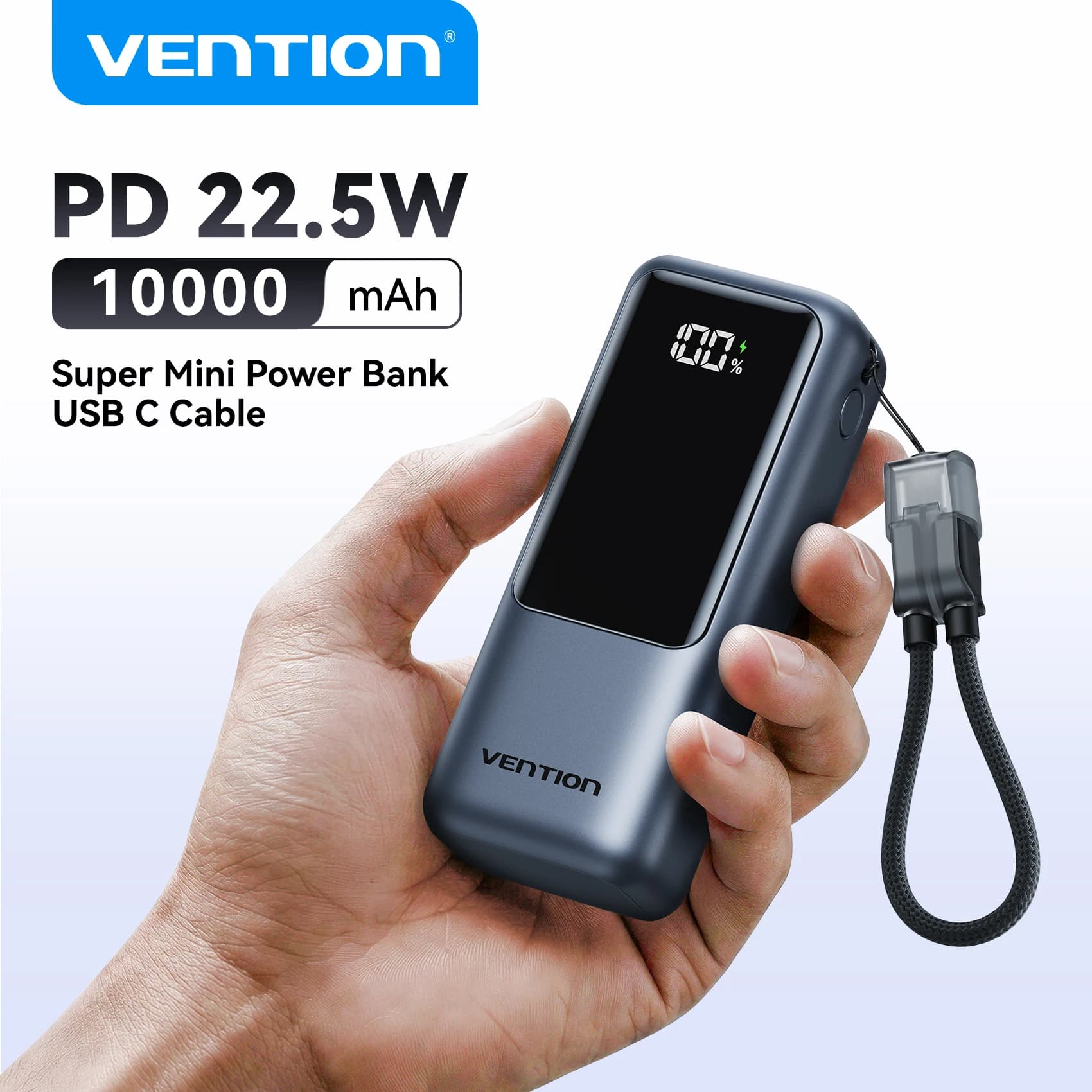 벤션 10000mAh 미니 보조배터리 22.5w 휴대용 충전기 내장 USB C 케이블 PD 3.0 고속 충전 아이폰 17 삼성 S25 S24용
