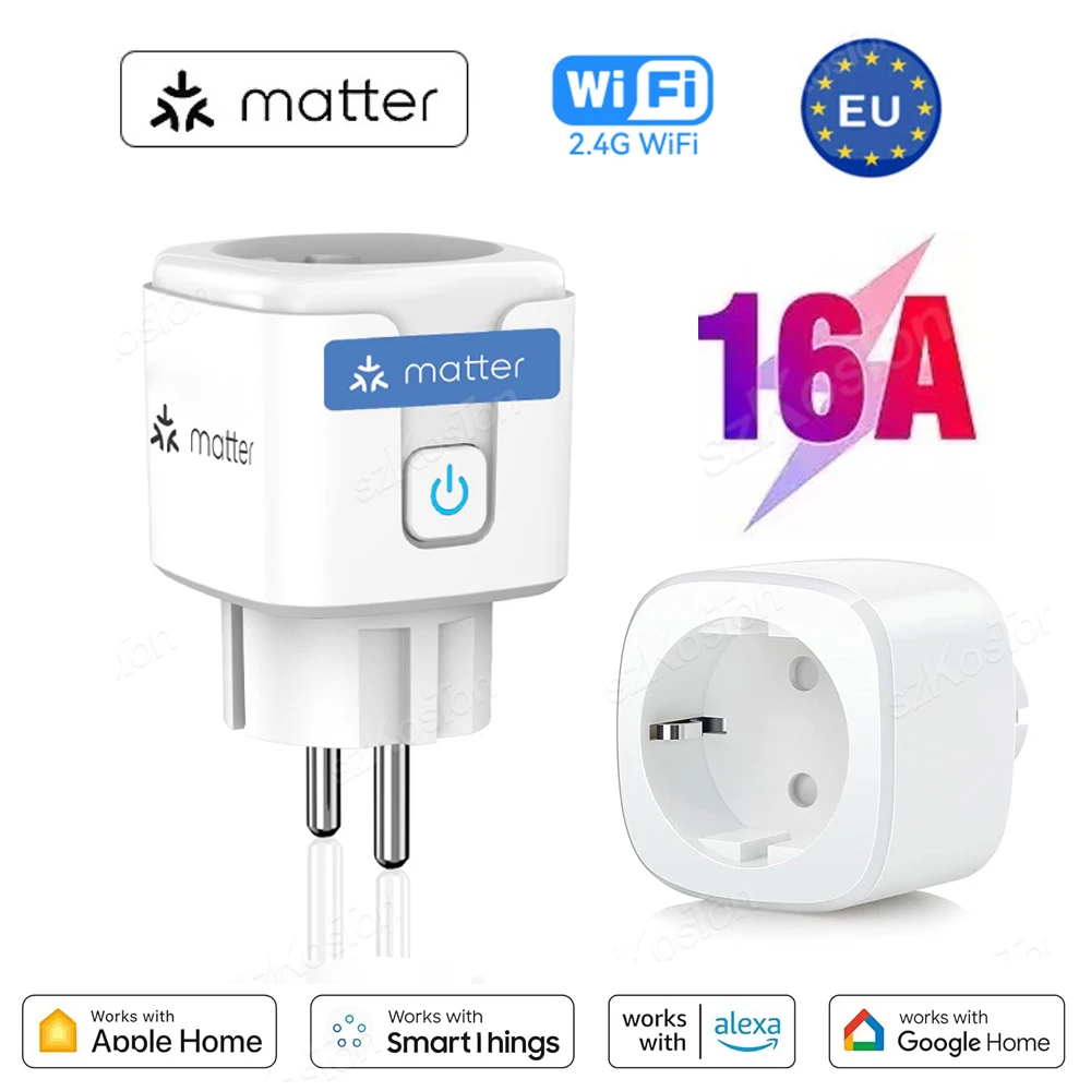 16A Matter EU WiFi 스마트 소켓 가전 미니 스마트 플러그 어댑터 APP 제어 타이머는 HomeKit Siri Alexa Google과 함께 작동합니다.