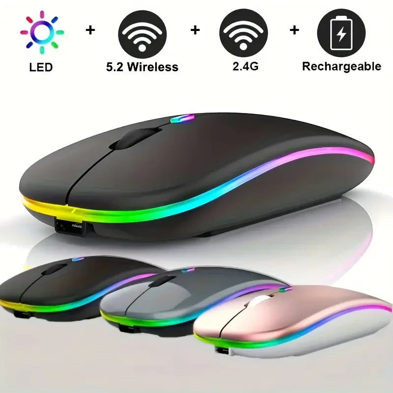 무선 마우스 Bluetooth 호환 및 2.4G 듀얼 모드 PC iPad 노트북 휴대폰 TV용 충전식 RGB 인체공학적 무음 클릭