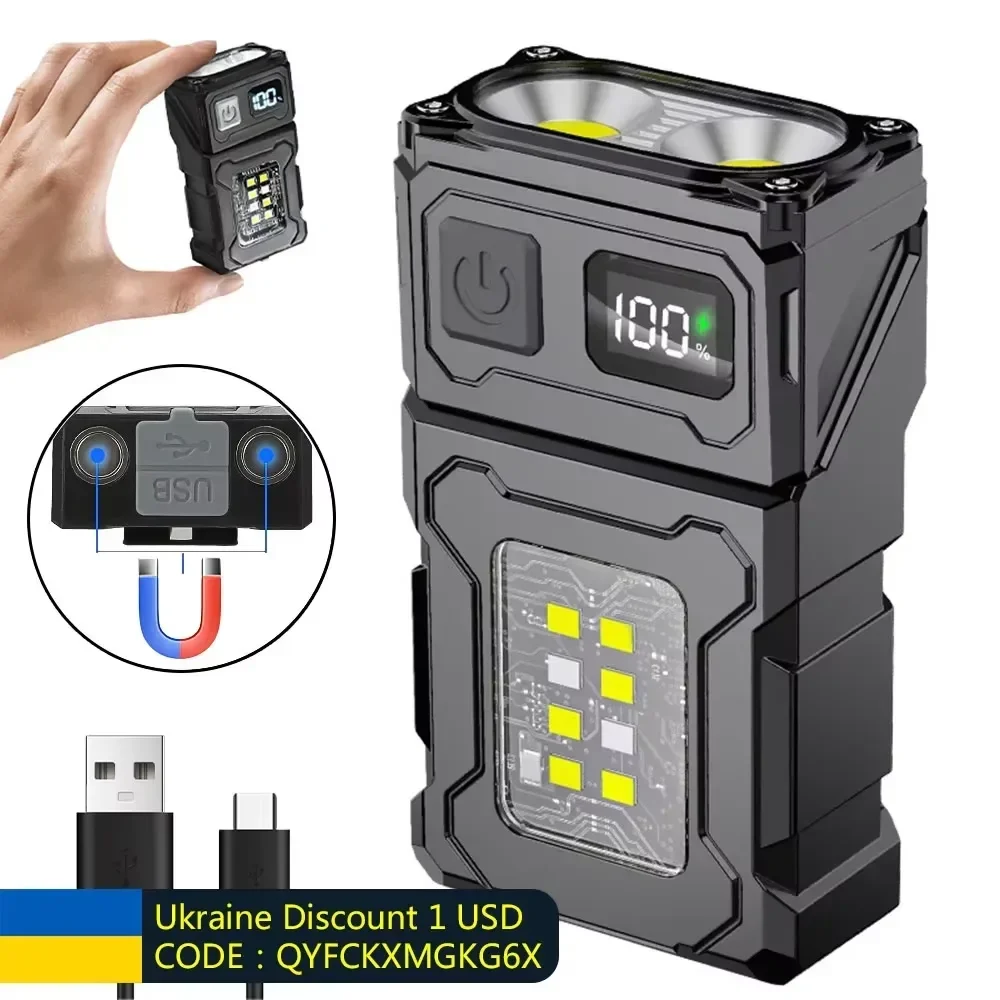 미니 USB 충전식 LED 손전등 휴대용 꼬리 자석 손전등 슈퍼 밝은 캠핑 랜턴 사이드 COB 비상 조명
