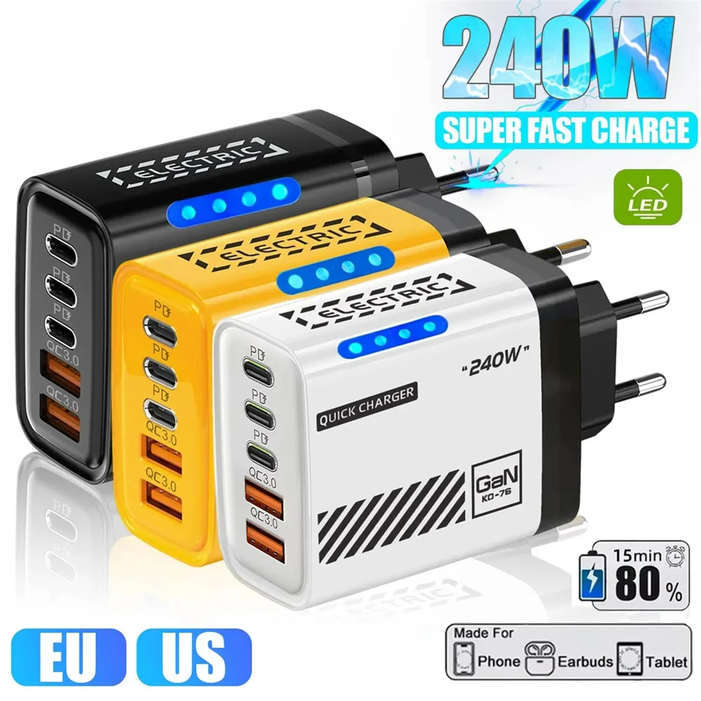 240W GaN 5 in 1 데스크탑 충전기 USB C PD QC 3.0 고속 충전기 (맥북, 아이폰 17, 16, 15 Pro, 삼성, 샤오미 호환) EU/US 플러그