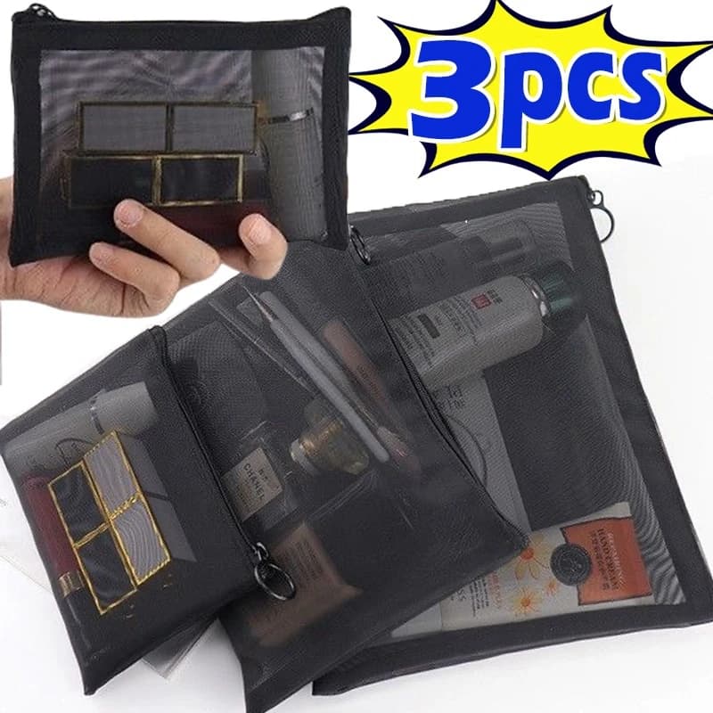1/3pcs 메쉬 클리어 화장품 가방 작은 대형 블랙 메이크업 가방 휴대용 여행 세면 용품 주최자 케이스 립스틱 보관 주머니