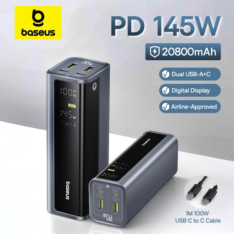 베이스어스 145W 보조배터리 20800mAh 듀얼 USB A USB C PD 100W 고속 충전 디지털 디스플레이 휴대용 보조배터리 (노트북, 휴대폰, 스팀용)