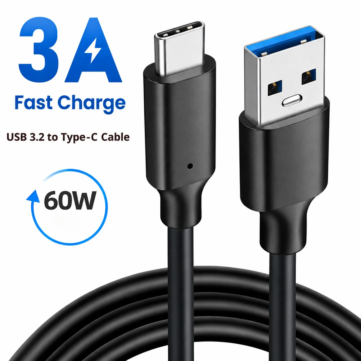 USB 3.2 타입 C to A 케이블 10Gbps 60W PD 고속 충전 데이터 전송 (갤럭시 S23 S22 노트 20 픽셀 아이패드 프로 SSD 안드로이드 오토용)