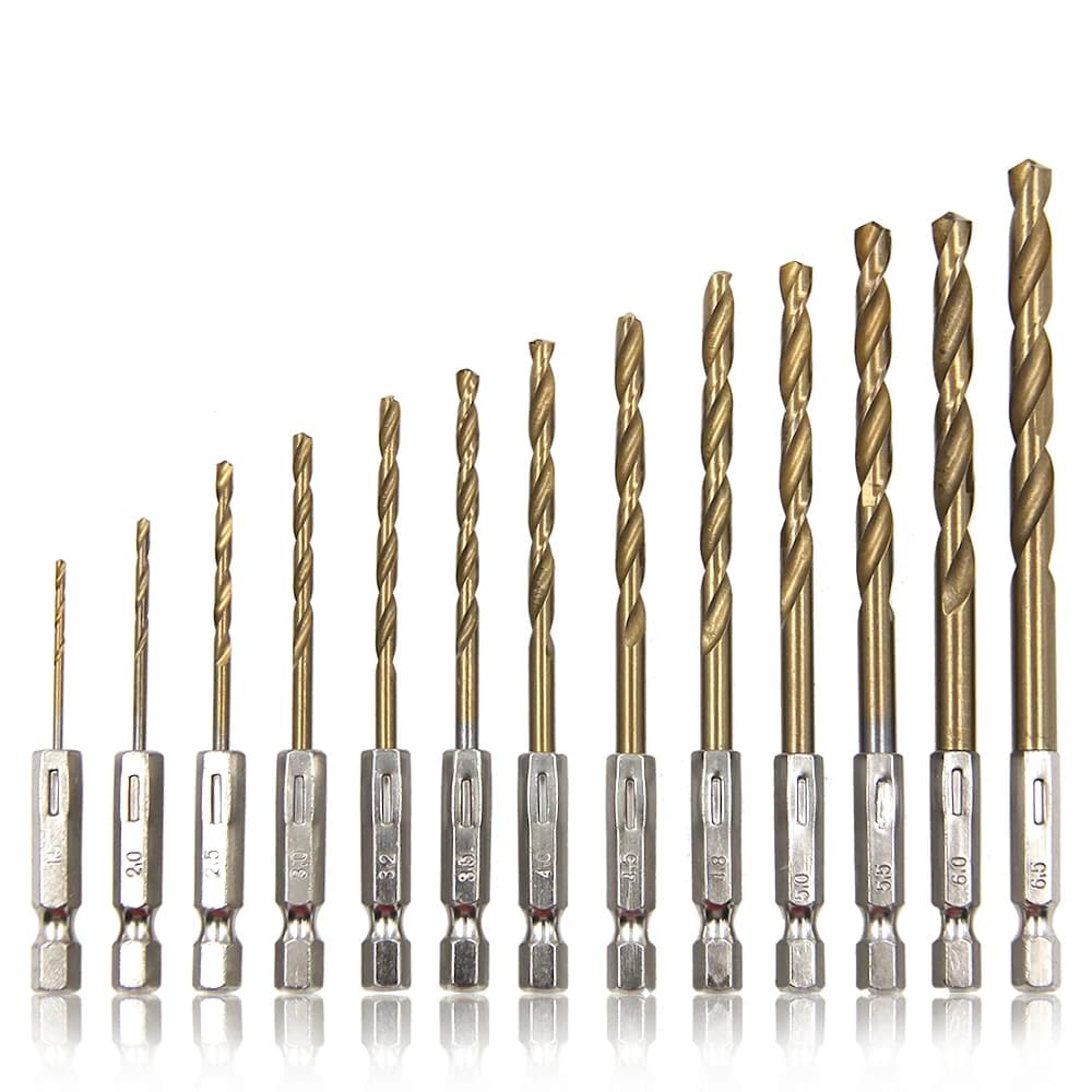 육각 핸들 13pc 티타늄 도금 트위스트 드릴 1.5-6.5mm 전기 드릴 드라이버 드릴링 공기 스크루 드라이버 도구 액세서리 세트