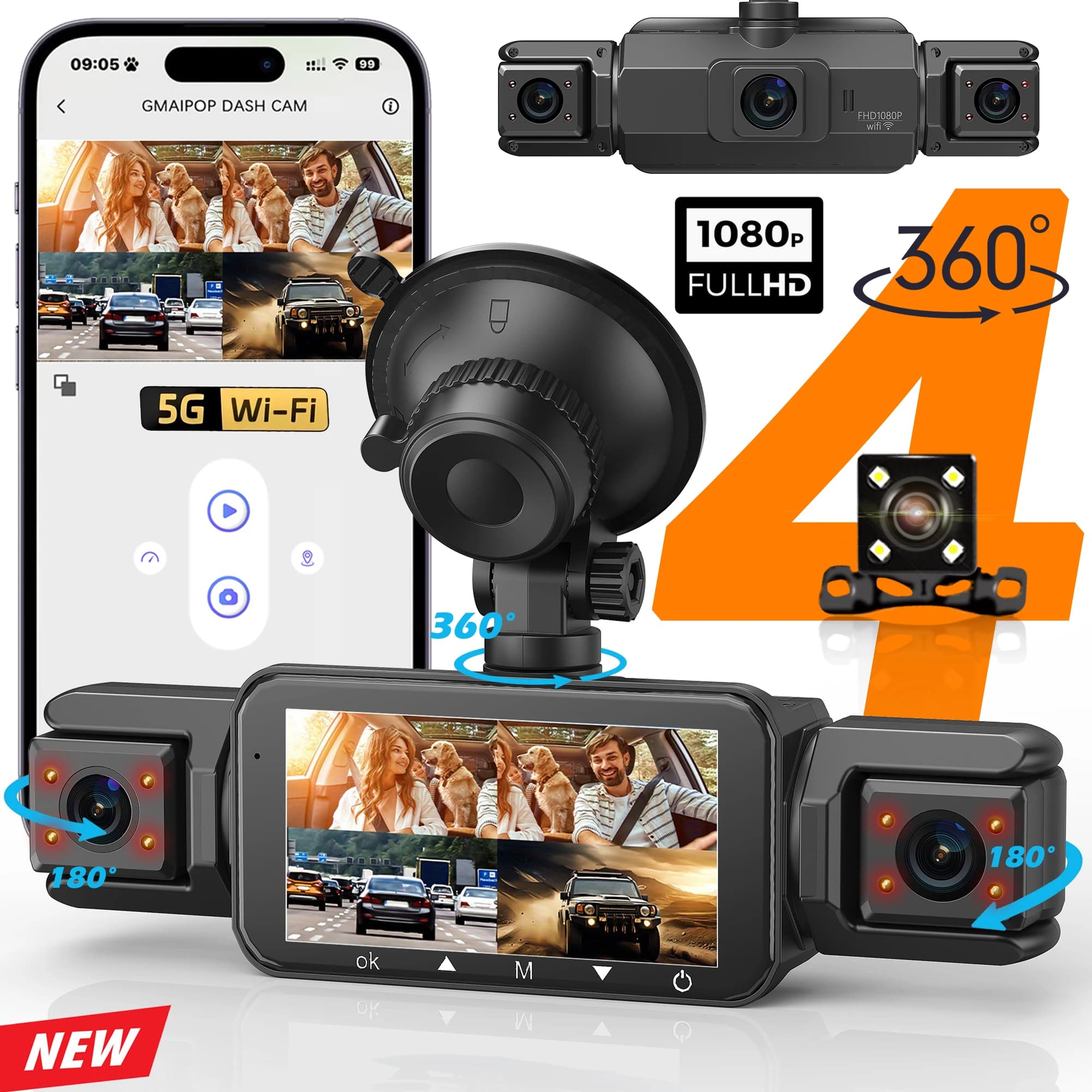차량용 블랙박스 4채널 WiFi 운전 카메라 FHD 1080P 야간 투시 루프 녹화 하드와이어 키트 추가 차량용 액세서리
