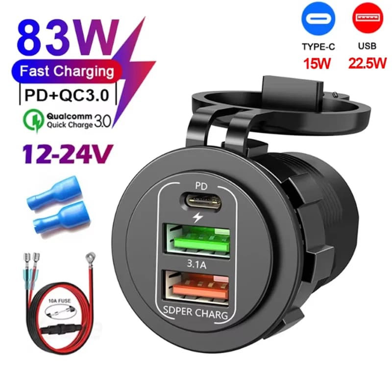 새로운 4 포트 듀얼 PD 듀얼 QC 3.0 USB 차량용 충전기 (전압계 소켓 전원 콘센트 어댑터 포함) 12V/24V 자동차 보트 방수