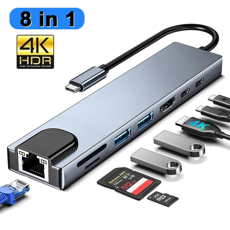 MacBook Pro USB 어댑터용 8 In 1 USB Type C 허브 MacBook Mac 노트북용 HDMI 호환 USB3.0 2.0 SD/TF 카드에 듀얼 USB C