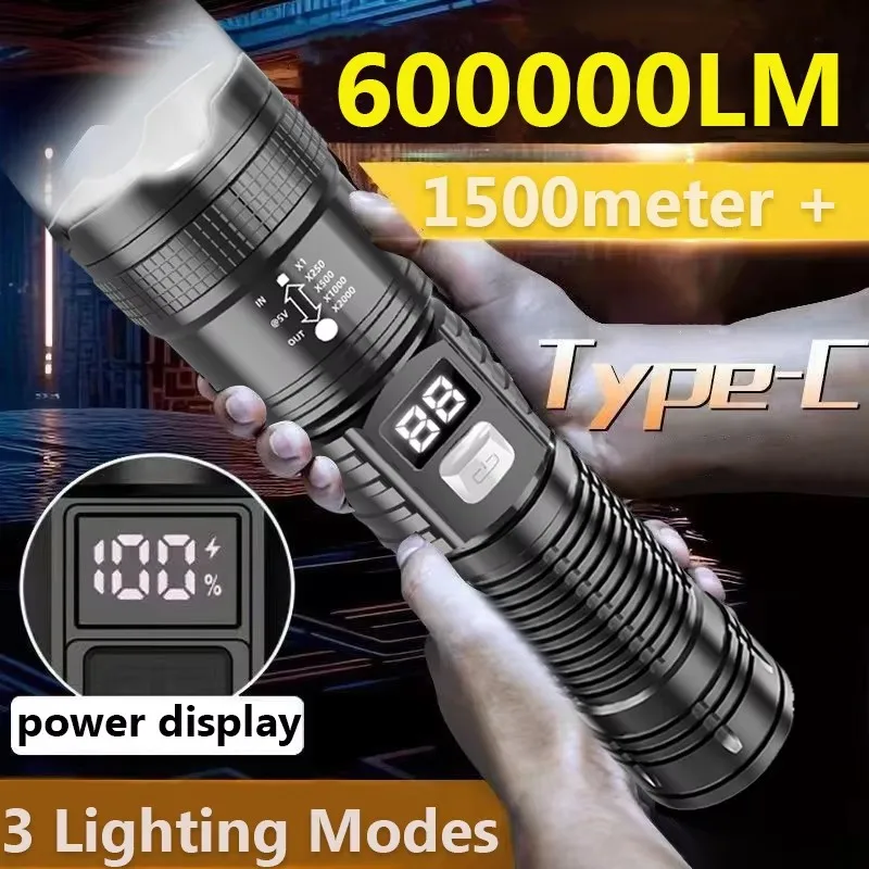 6000000 LM LED 손전등 충전식 고전력 군사 전술 손전등 텔레스코픽 줌 토치 램프 야외 캠핑 랜턴