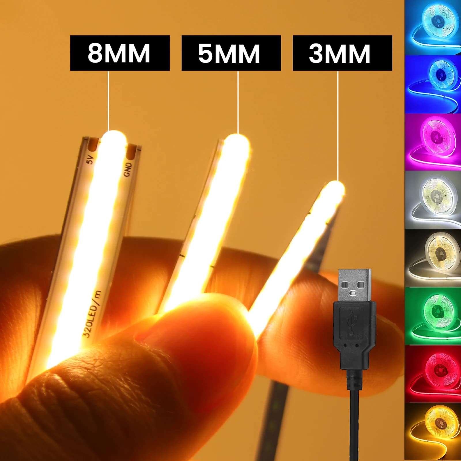DC 5V USB COB 스트립 3MM 5MM 8MM 화이트/핑크/레드/화이트/옐로우/옐로우/아이스 블루/그린 유연한 리본 로프 홈 장식 TV 백라이트