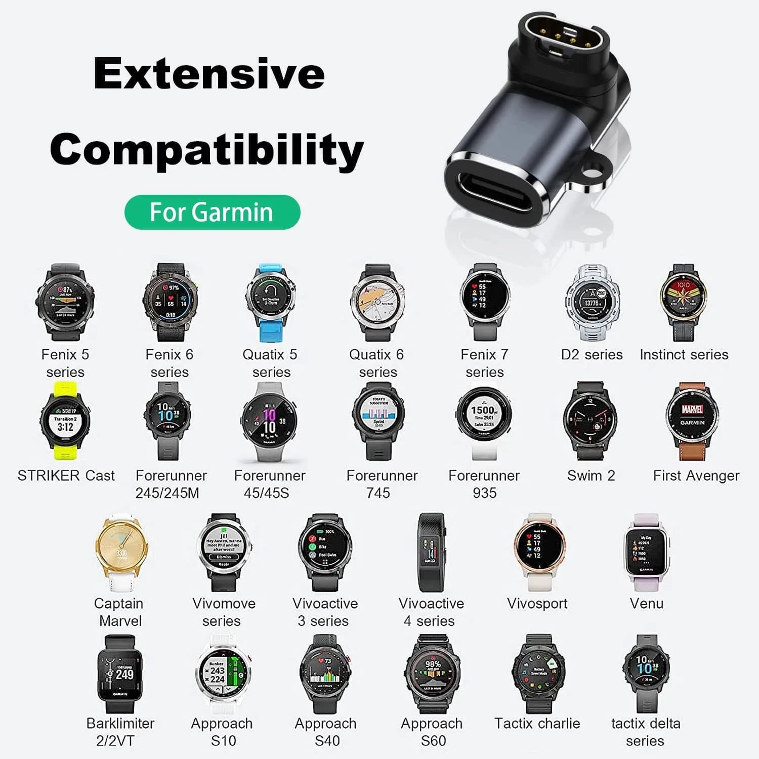 Garmin Fenix ​​7/6/5/7X/6X/5X/Venu 2 Plus 시계 충전 변환기용 4핀 충전기 전원 어댑터 커넥터에 대한 C형 USB 포트