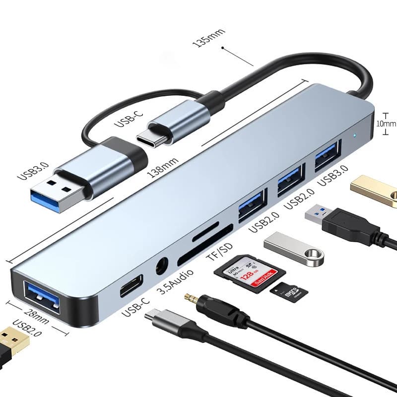 8포트 2 USB + 타입 C 허브 도킹 스테이션 (3.5mm 오디오 잭 어댑터, 마이크로 SD 카드 리더, 노트북/태블릿/폰 디스크 컨버터 포함)