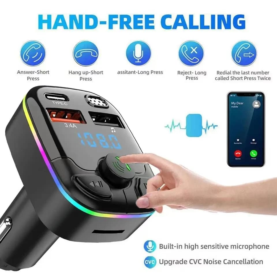 차량용 충전기 블루투스 5.0 FM 송신기 핸즈프리 PD Type-C 듀얼 USB 주변 플레이어 MP3 충전기 Type-C 무선 조명