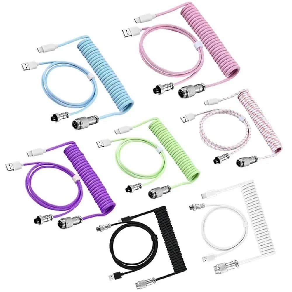 7가지 색상 USB 타입 C 기계식 키보드 코일 케이블 USB 기계식 키보드 에비에이터 데스크탑 PC 컴퓨터 항공 커넥터 코드